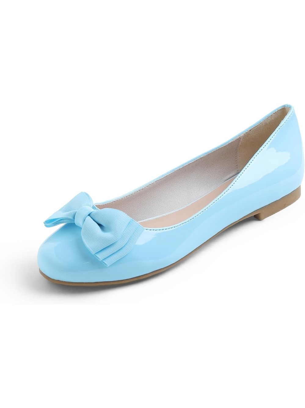 Women's Skyblue Patent Tri-bow Round Toe Cute Grosgrain Bow Classic Ballet Flat